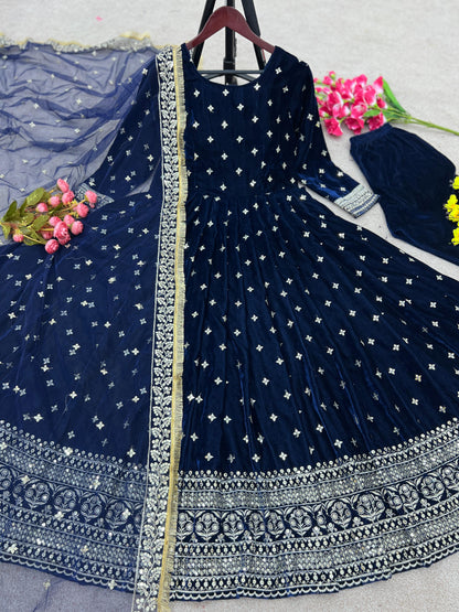 Party Wear Look Viscos Velvet With Heavy Embroidery Sequence Work Gown With Dupatta