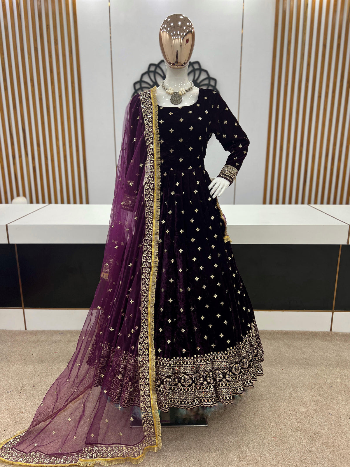 Party Wear Look Viscos Velvet With Heavy Embroidery Sequence Work Gown With Dupatta