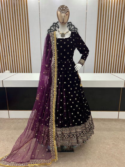 Party Wear Look Viscos Velvet With Heavy Embroidery Sequence Work Gown With Dupatta