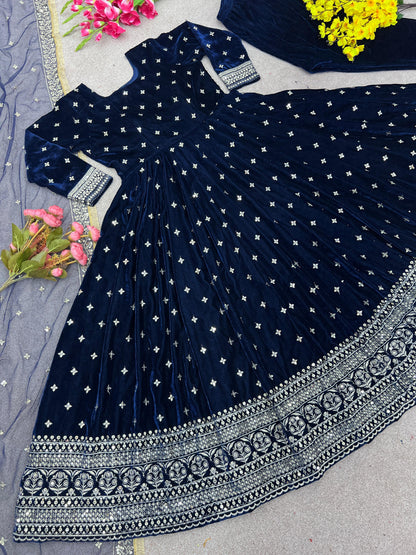 Party Wear Look Viscos Velvet With Heavy Embroidery Sequence Work Gown With Dupatta