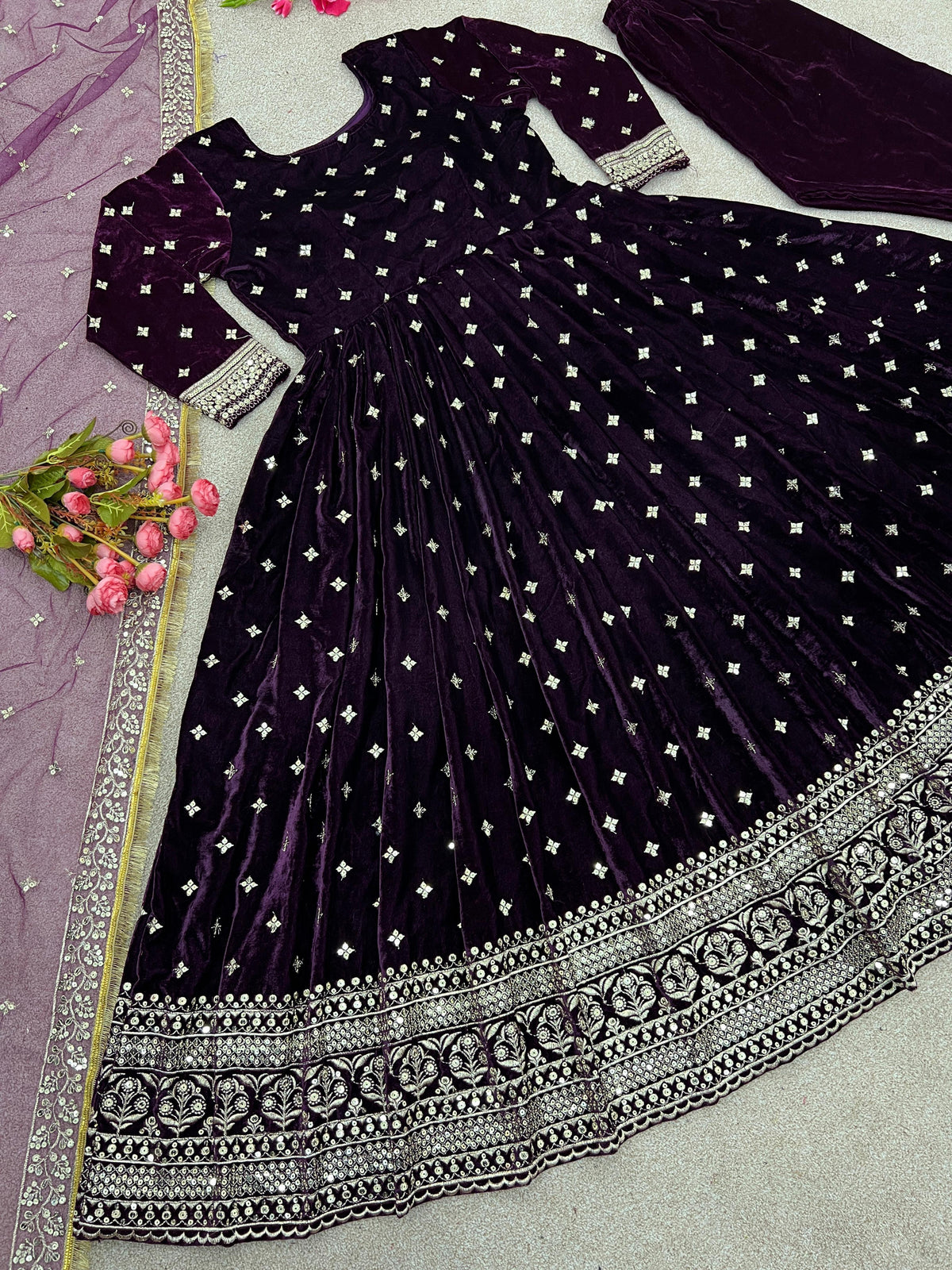 Party Wear Look Viscos Velvet With Heavy Embroidery Sequence Work Gown With Dupatta