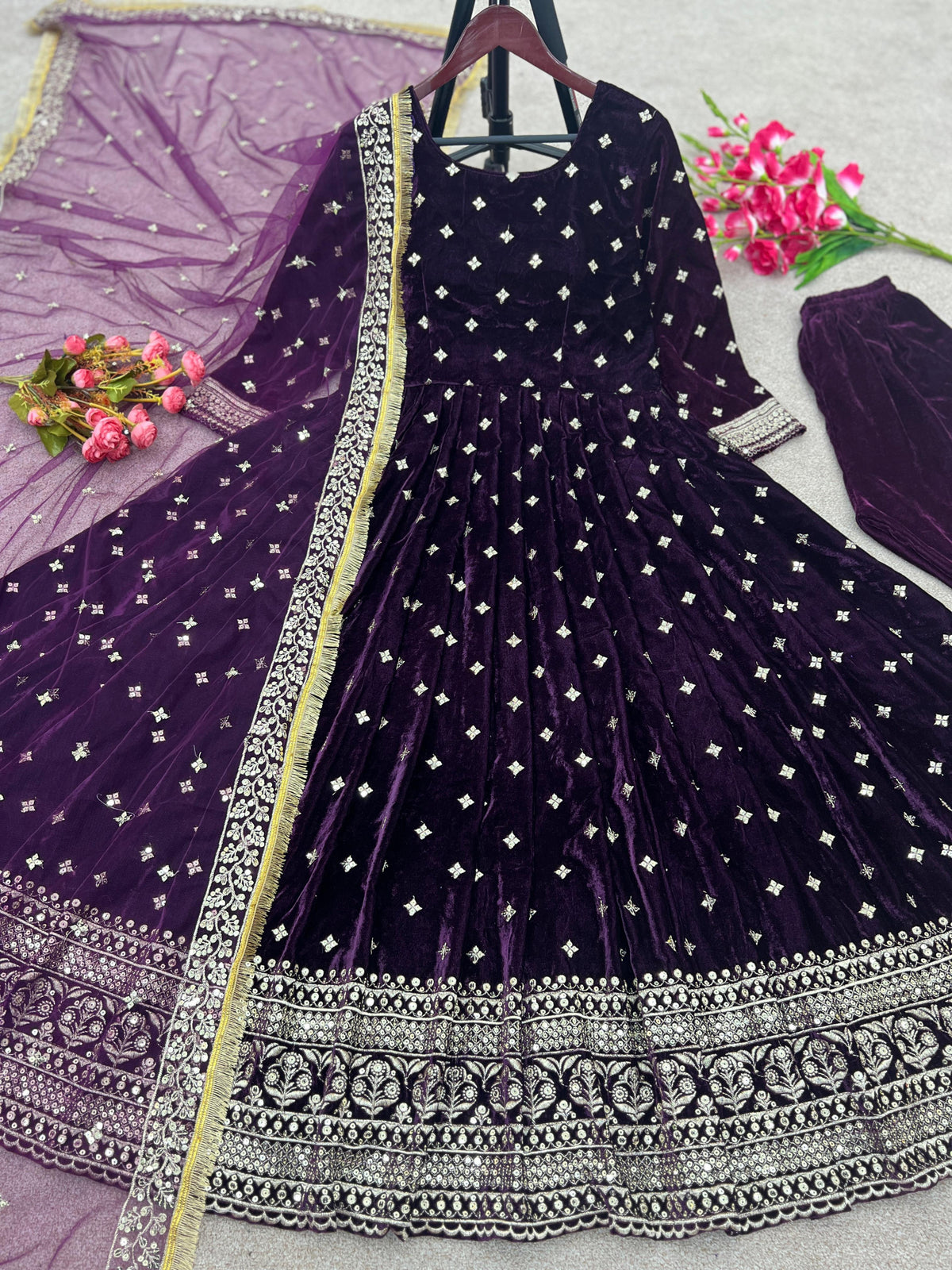 Party Wear Look Viscos Velvet With Heavy Embroidery Sequence Work Gown With Dupatta