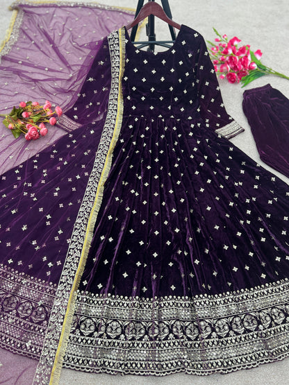 Party Wear Look Viscos Velvet With Heavy Embroidery Sequence Work Gown With Dupatta