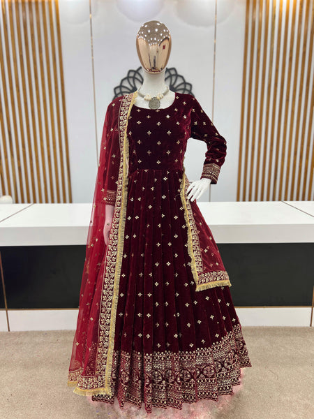 Party Wear Look Viscos Velvet With Heavy Embroidery Sequence Work Gown With Dupatta