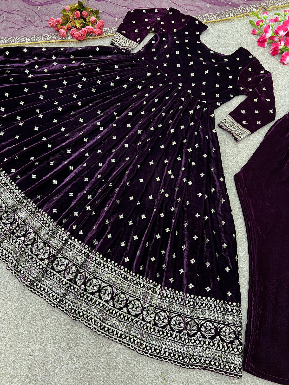 Party Wear Look Viscos Velvet With Heavy Embroidery Sequence Work Gown With Dupatta