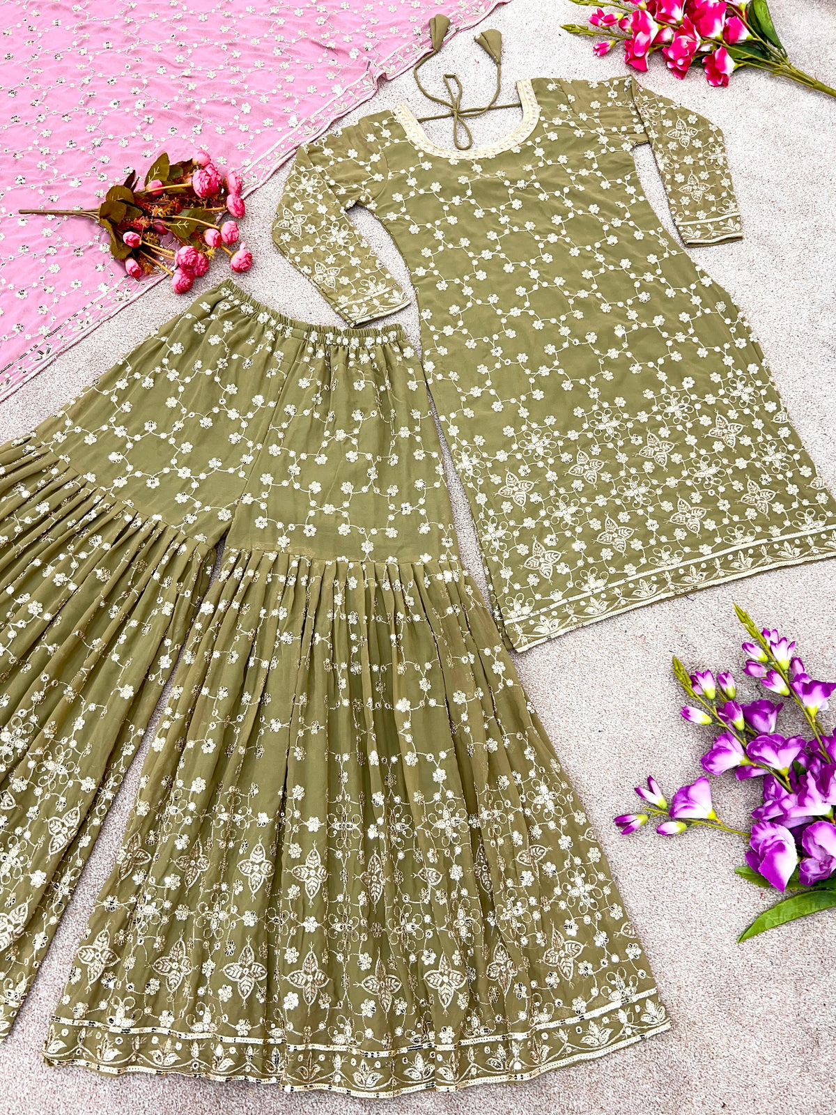 Green Georgette Sharara Suits Traditional Ethnic Dress for ladies