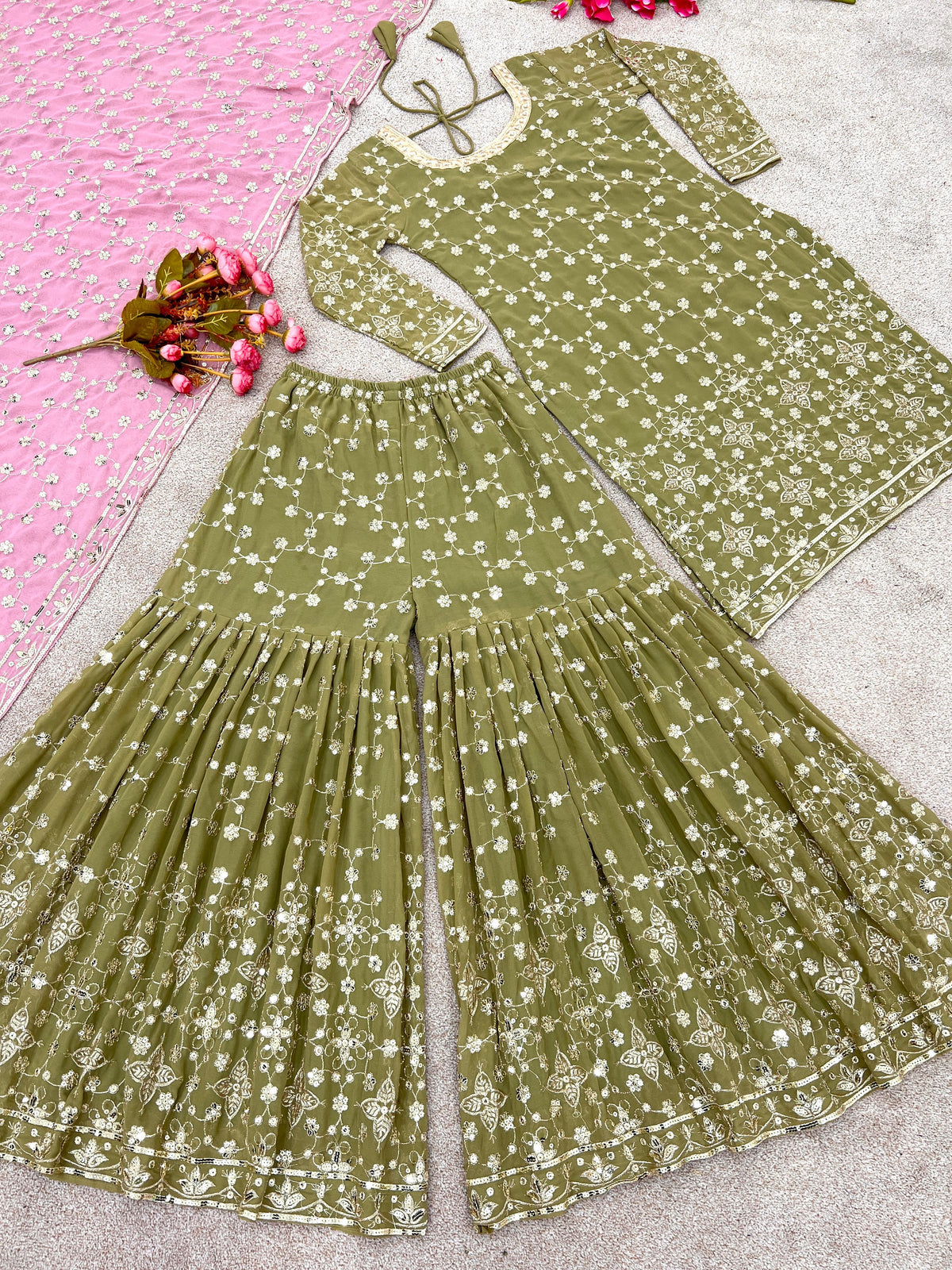Green Georgette Sharara Suits Traditional Ethnic Dress for ladies