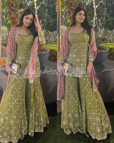 Green Georgette Sharara Suits Traditional Ethnic Dress for ladies