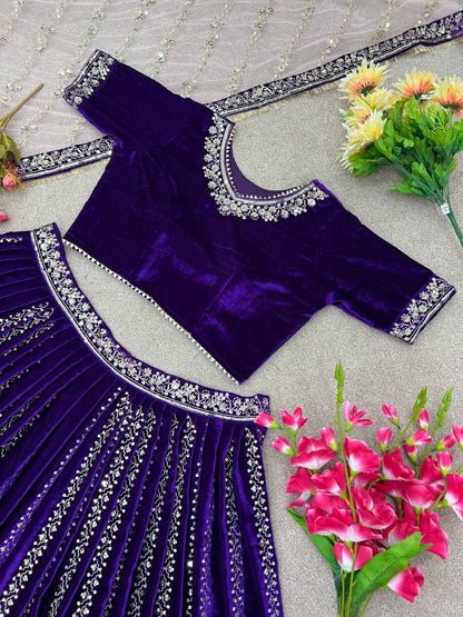 Royal Blue Wedding Velvet Lehenga Choli For Women