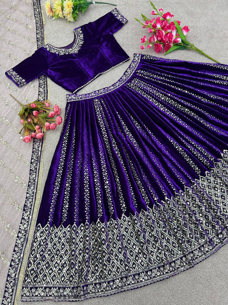 Royal Blue Wedding Velvet Lehenga Choli For Women