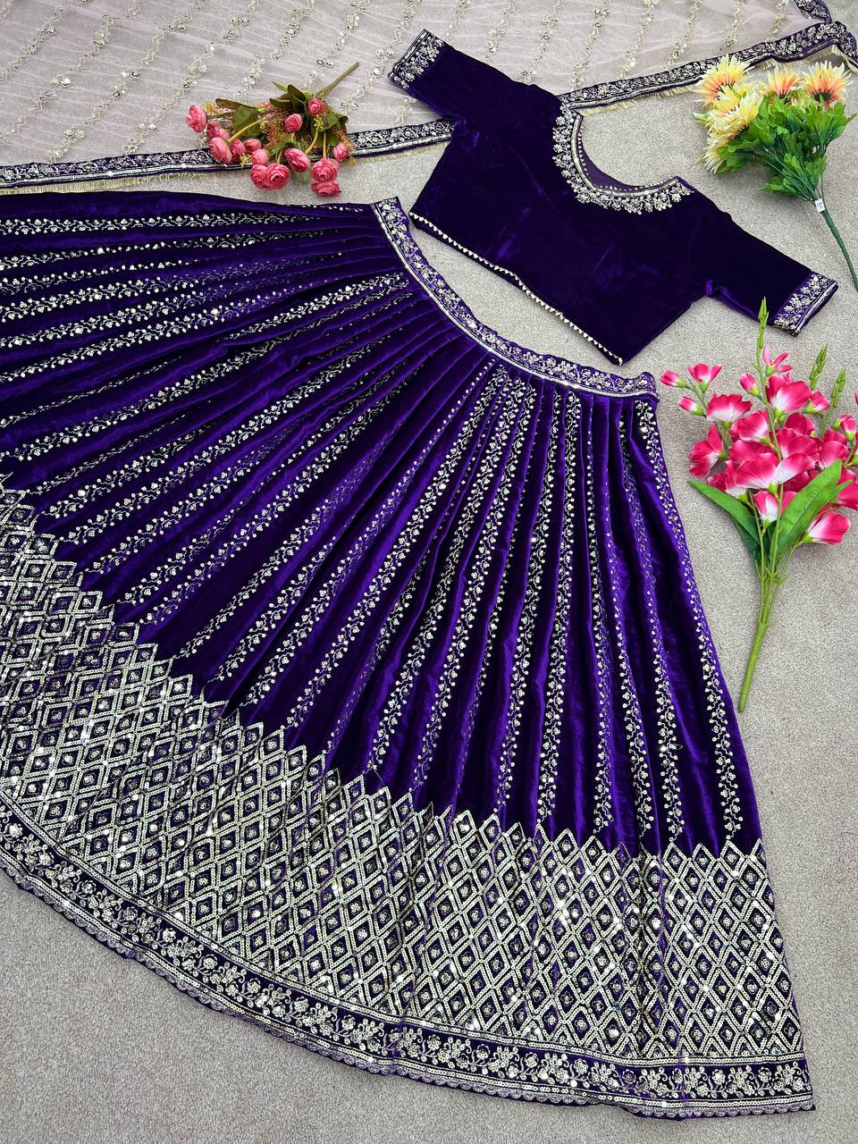 Royal Blue Wedding Velvet Lehenga Choli For Women