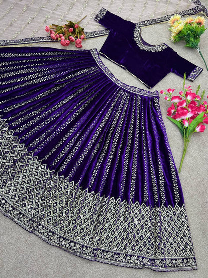 Royal Blue Wedding Velvet Lehenga Choli For Women