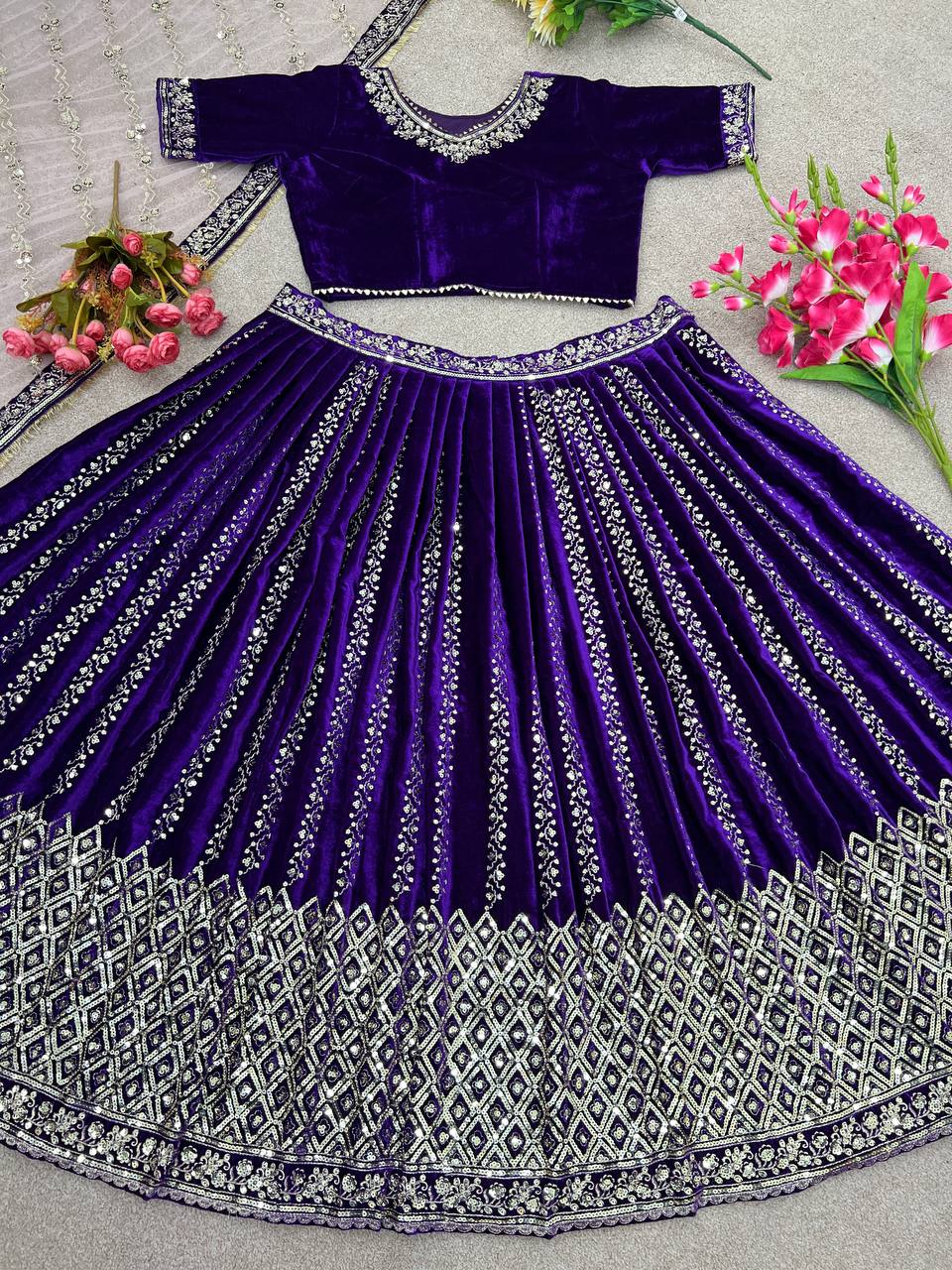Royal Blue Wedding Velvet Lehenga Choli For Women