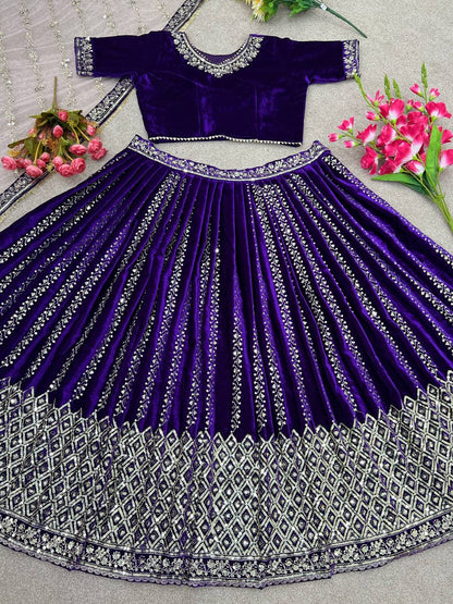 Royal Blue Wedding Velvet Lehenga Choli For Women