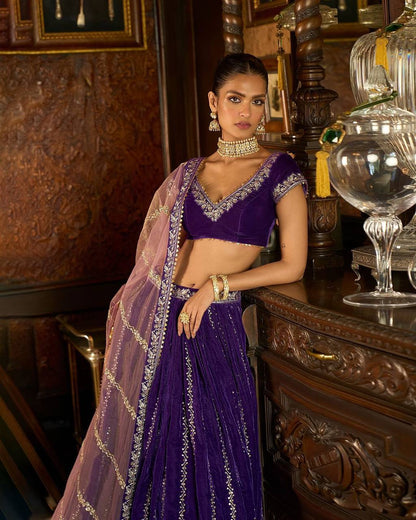 Royal Blue Wedding Velvet Lehenga Choli For Women