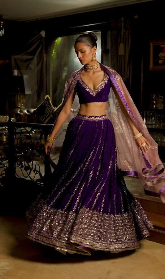 Royal Blue Wedding Velvet Lehenga Choli For Women