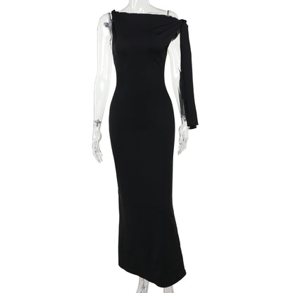 One-shoulder Ribbon Long Dress Ins Fashion Slim Sleeveless Dresses For Evening Party Club Clothing Women