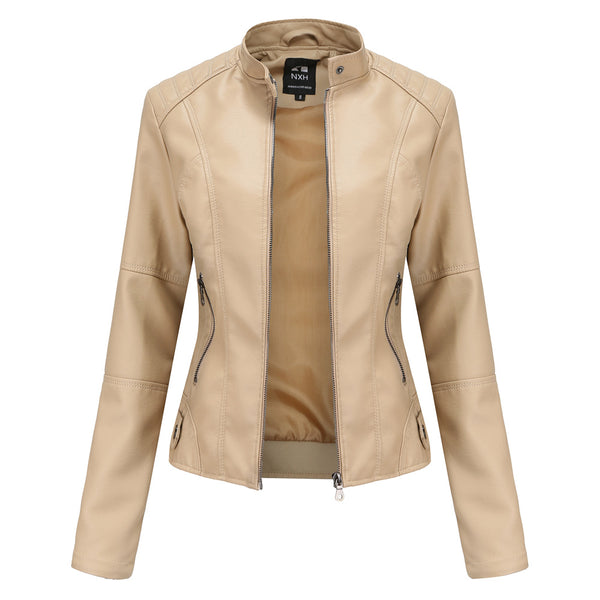 Women's Zip-up Leather Jackets Fashion Solid Color Pockets Stand Collar Top Outwear Clothing
