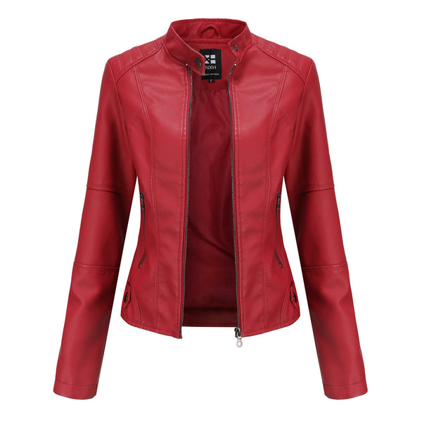 Women's Zip-up Leather Jackets Fashion Solid Color Pockets Stand Collar Top Outwear Clothing
