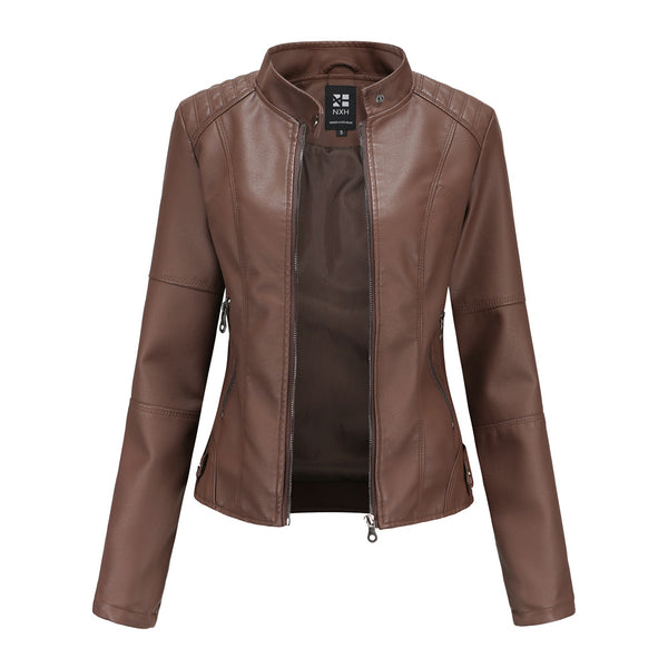 Women's Zip-up Leather Jackets Fashion Solid Color Pockets Stand Collar Top Outwear Clothing