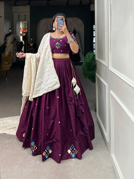 Wine Color Cotton Real Mirror Work Lehenga choli