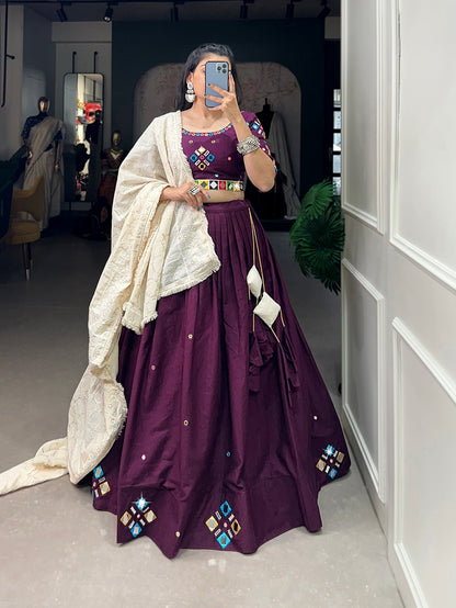 Wine Color Cotton Real Mirror Work Lehenga choli