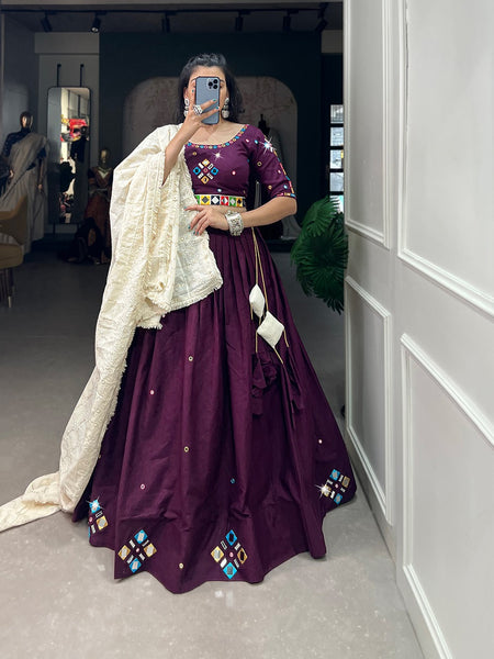 Wine Color Cotton Real Mirror Work Lehenga choli