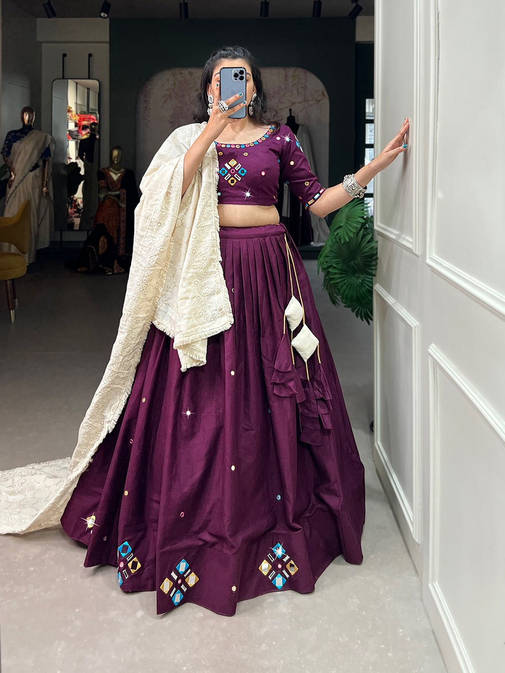 Wine Color Cotton Real Mirror Work Lehenga choli