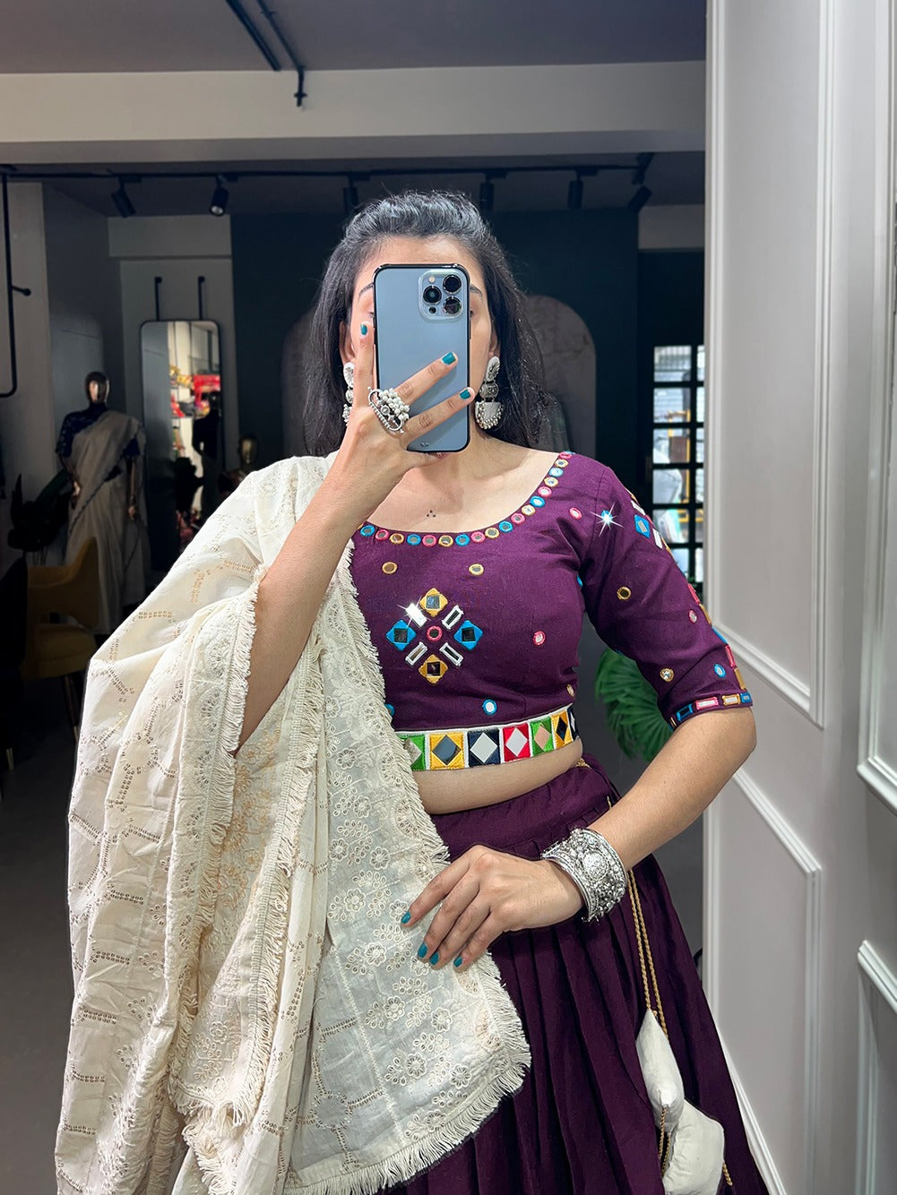 Wine Color Cotton Real Mirror Work Lehenga choli