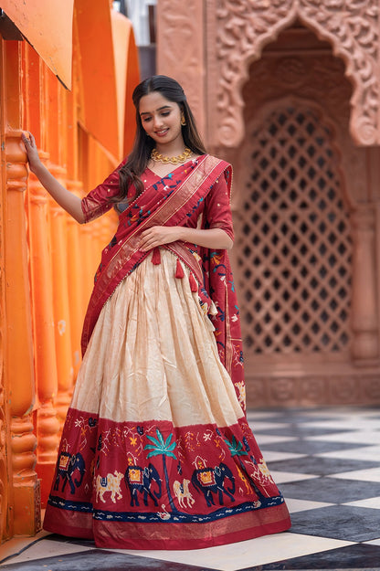 Dola Silk Fabric With Patola Print And Foil Work Lehenga Choli For Womens And Girls