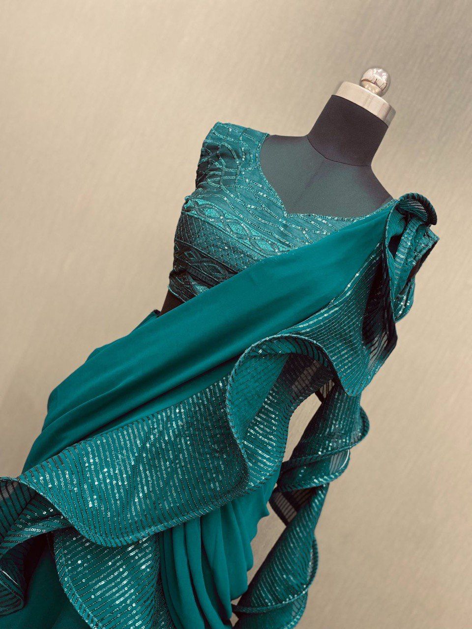 Party Wear Green Ruffle Reay to Wear Lehenga Saree