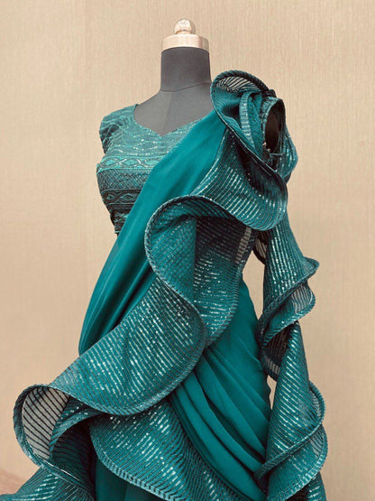 Party Wear Green Ruffle Reay to Wear Lehenga Saree