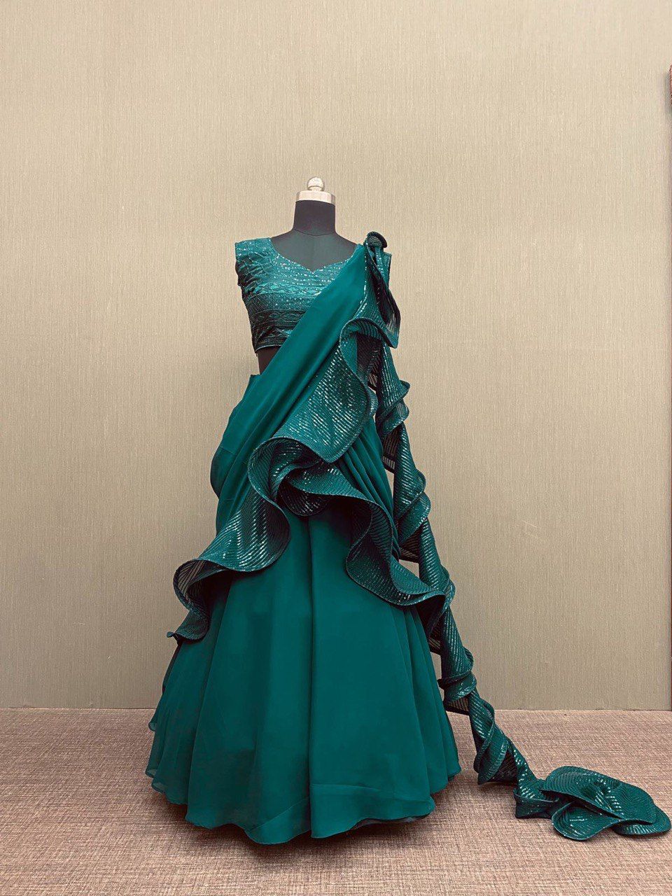 Party Wear Green Ruffle Reay to Wear Lehenga Saree