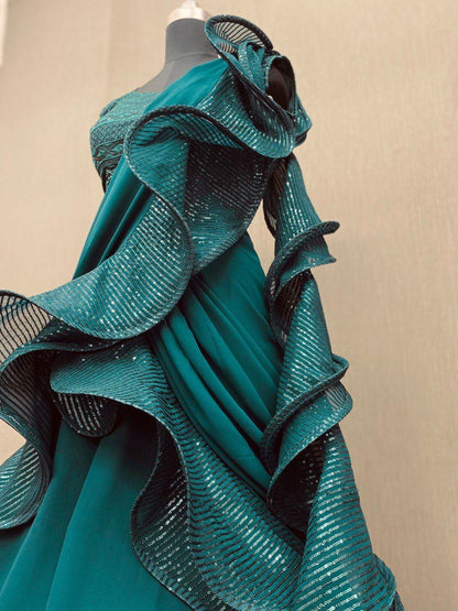 Party Wear Green Ruffle Reay to Wear Lehenga Saree