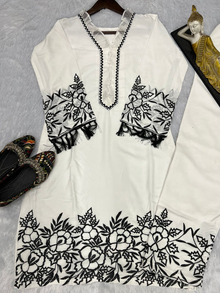 White Designer Thread Embroidery Work Suit With Pant co ord set