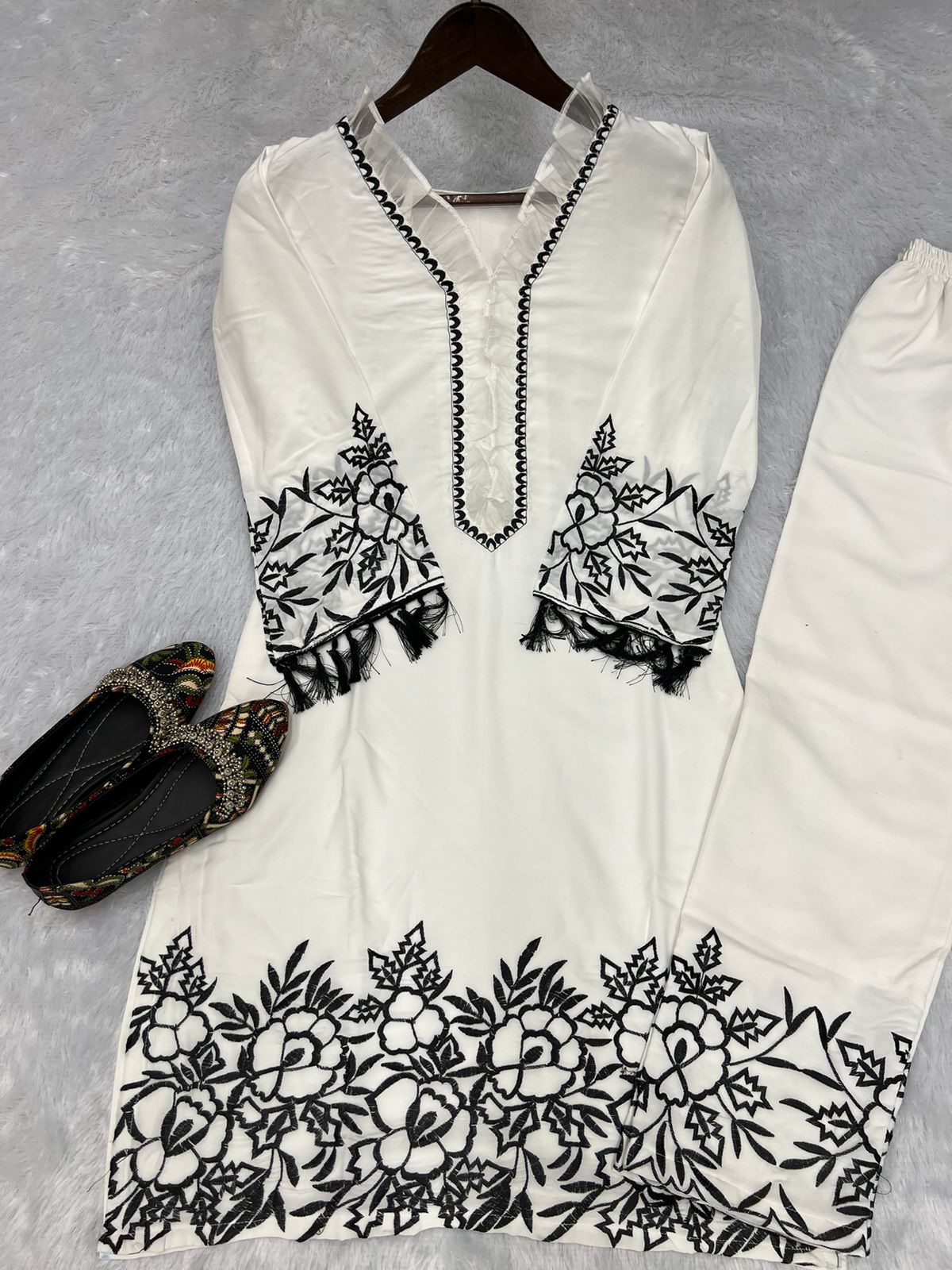 White Designer Thread Embroidery Work Suit With Pant co ord set