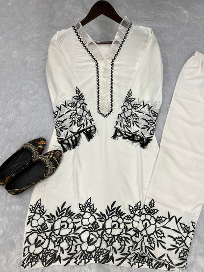 White Designer Thread Embroidery Work Suit With Pant co ord set