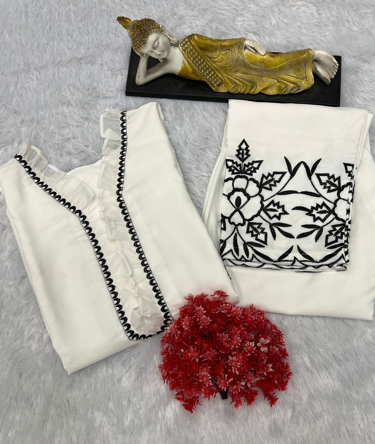 White Designer Thread Embroidery Work Suit With Pant co ord set