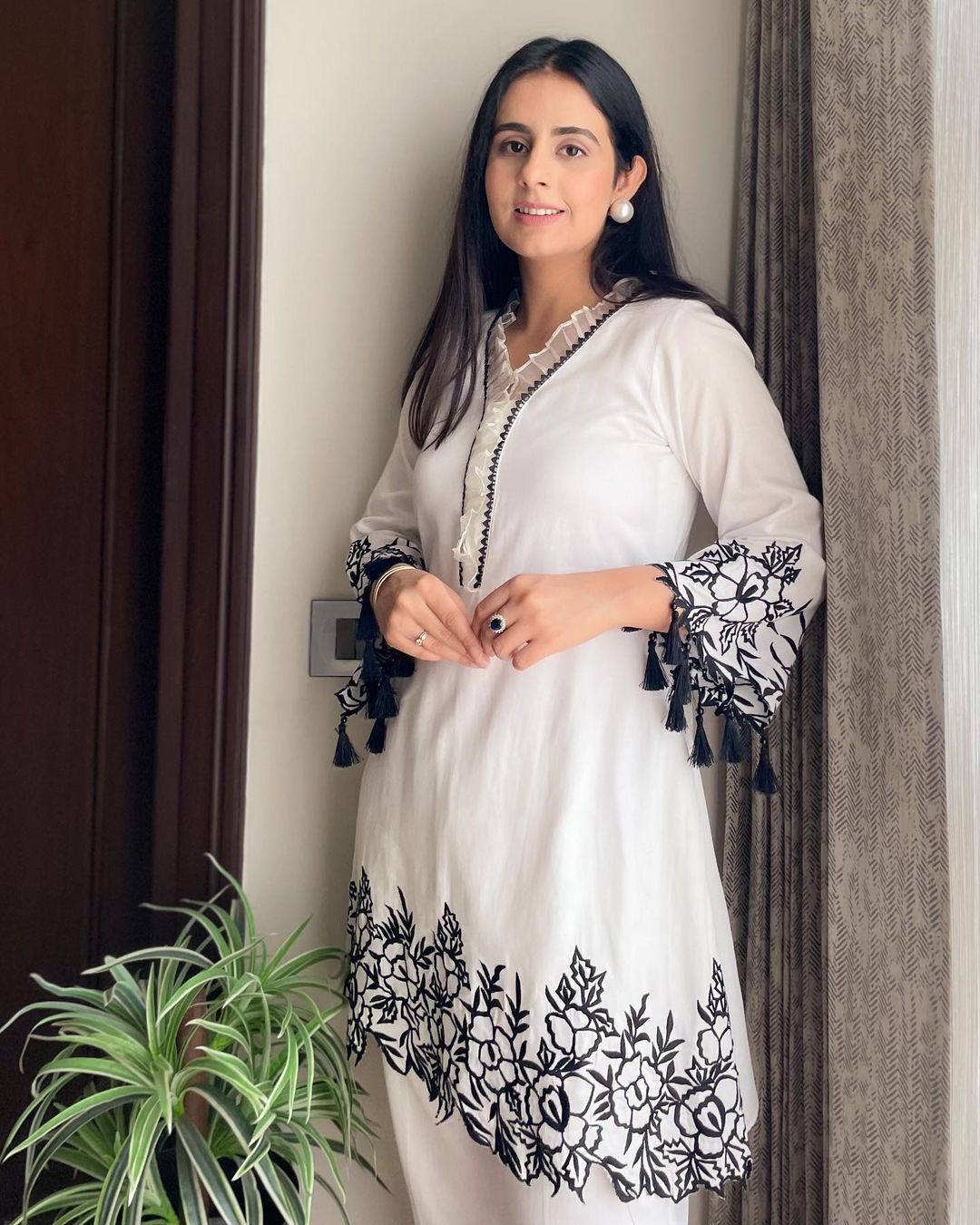 White Designer Thread Embroidery Work Suit With Pant co ord set