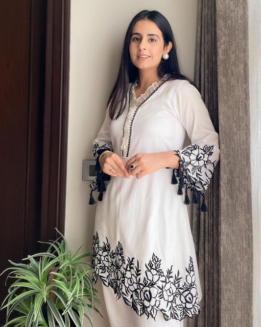 White Designer Thread Embroidery Work Suit With Pant co ord set