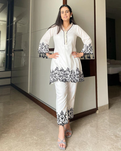 White Designer Thread Embroidery Work Suit With Pant co ord set