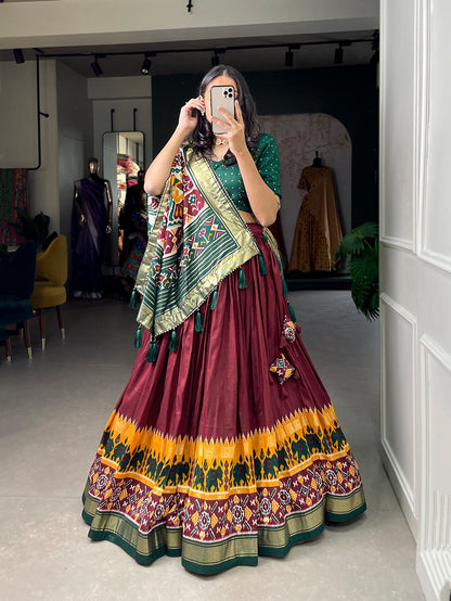 Tussar Silk Patola Print Foil Work Lehenga Choli With Dupatta