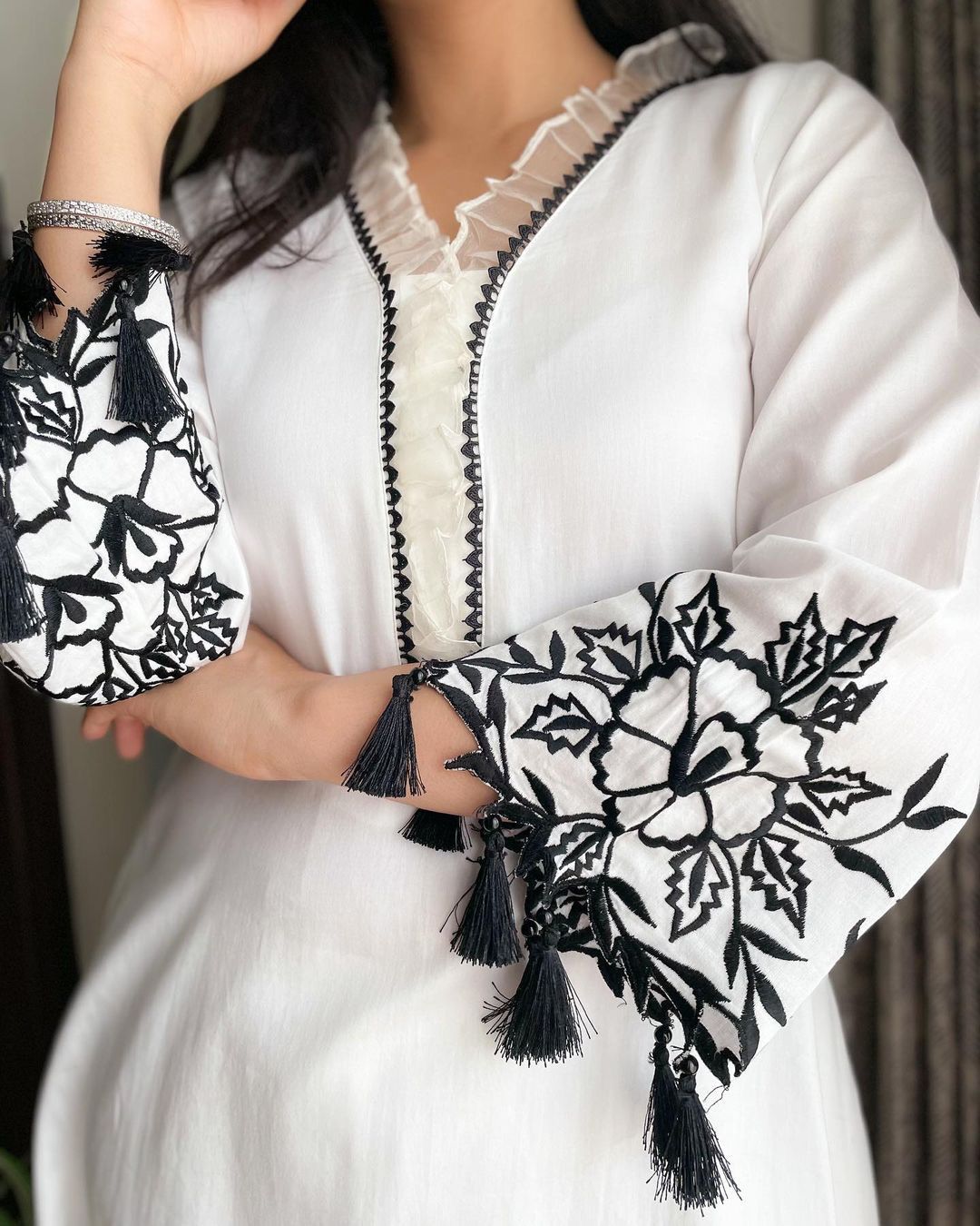 White Designer Thread Embroidery Work Suit With Pant co ord set