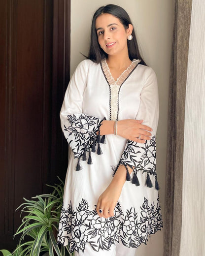 White Designer Thread Embroidery Work Suit With Pant co ord set