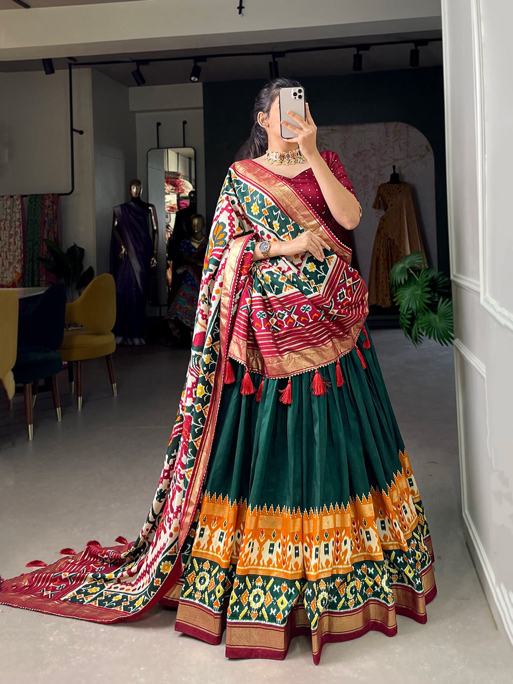 Tussar Silk Patola Print Foil Work Lehenga Choli With Dupatta