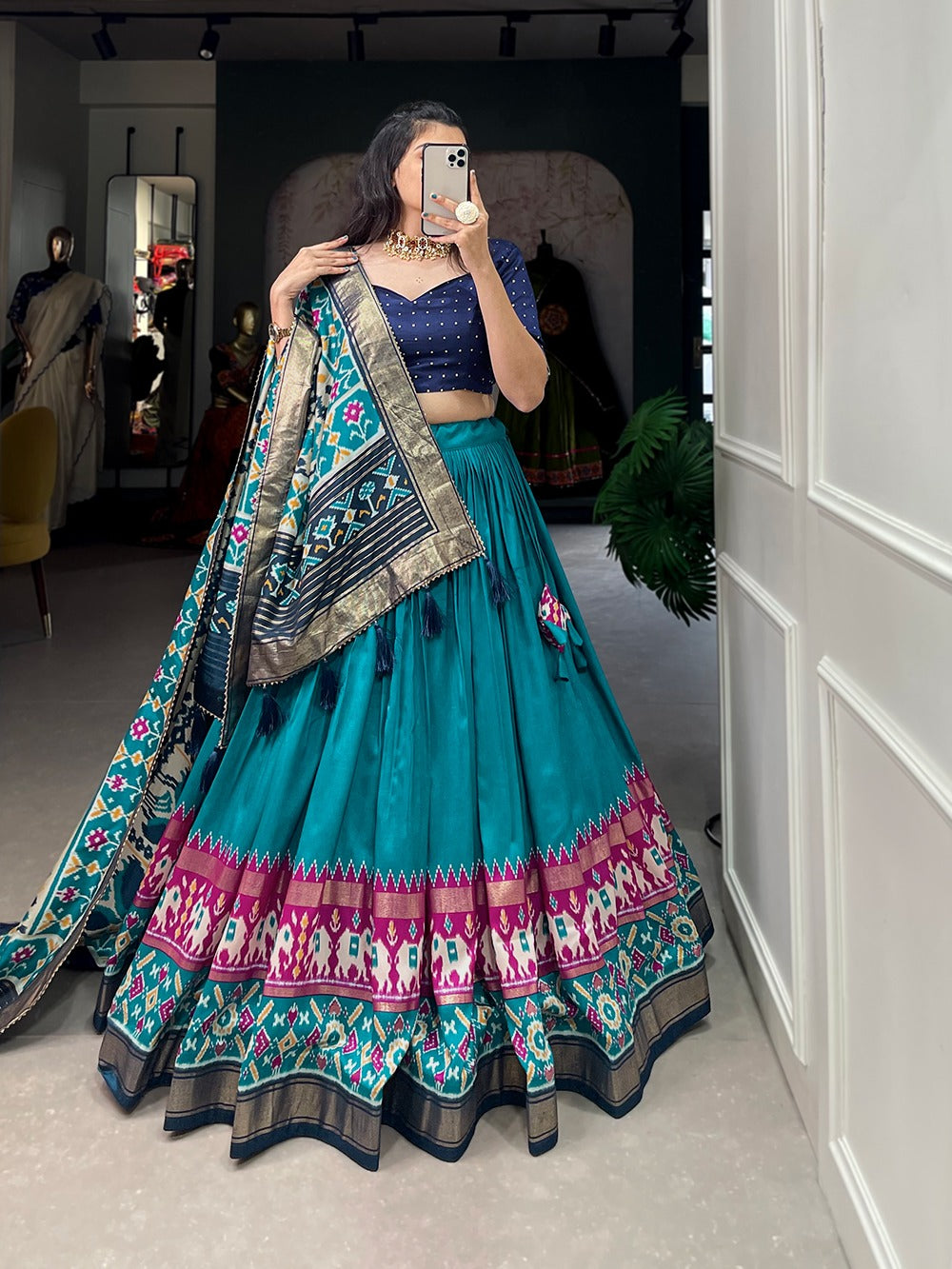 Tussar Silk Patola Print Foil Work Lehenga Choli With Dupatta