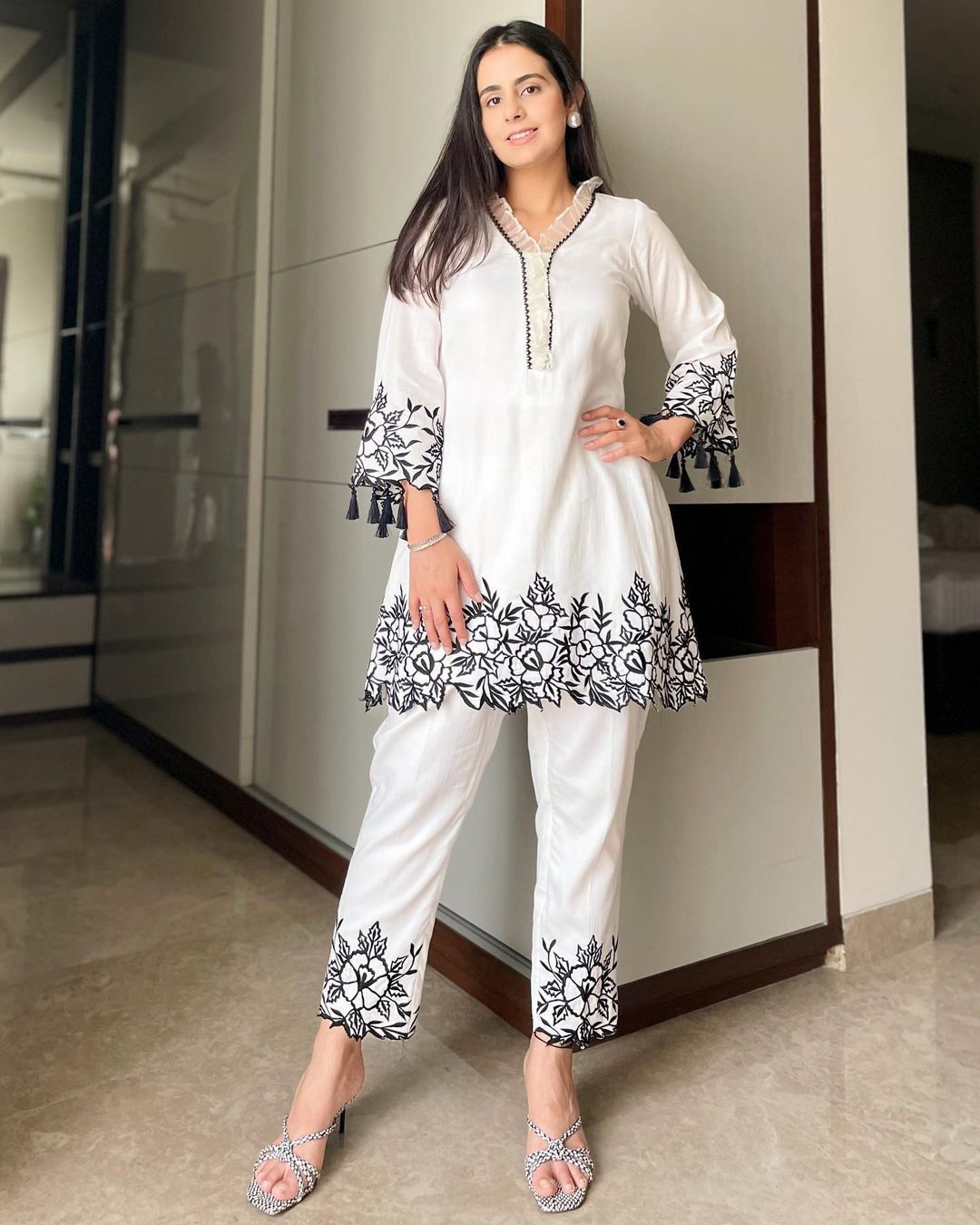 White Designer Thread Embroidery Work Suit With Pant co ord set
