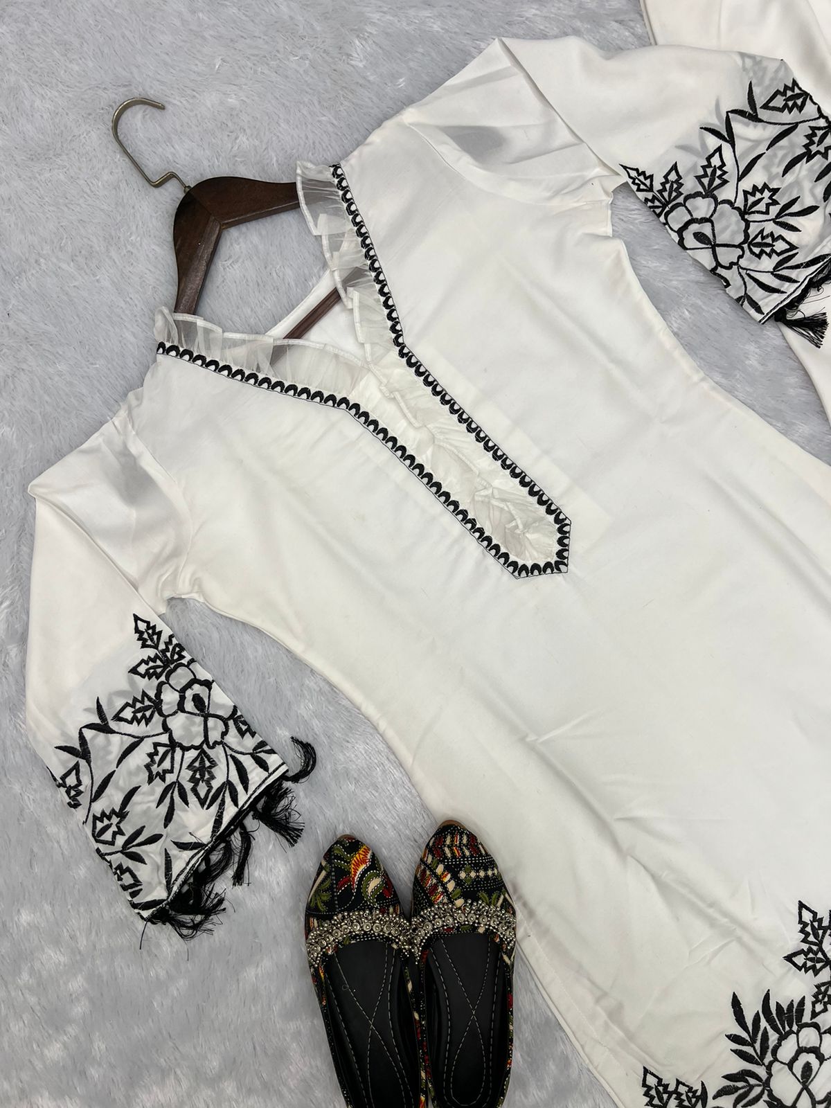 White Designer Thread Embroidery Work Suit With Pant co ord set