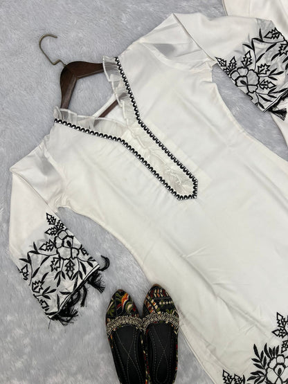 White Designer Thread Embroidery Work Suit With Pant co ord set