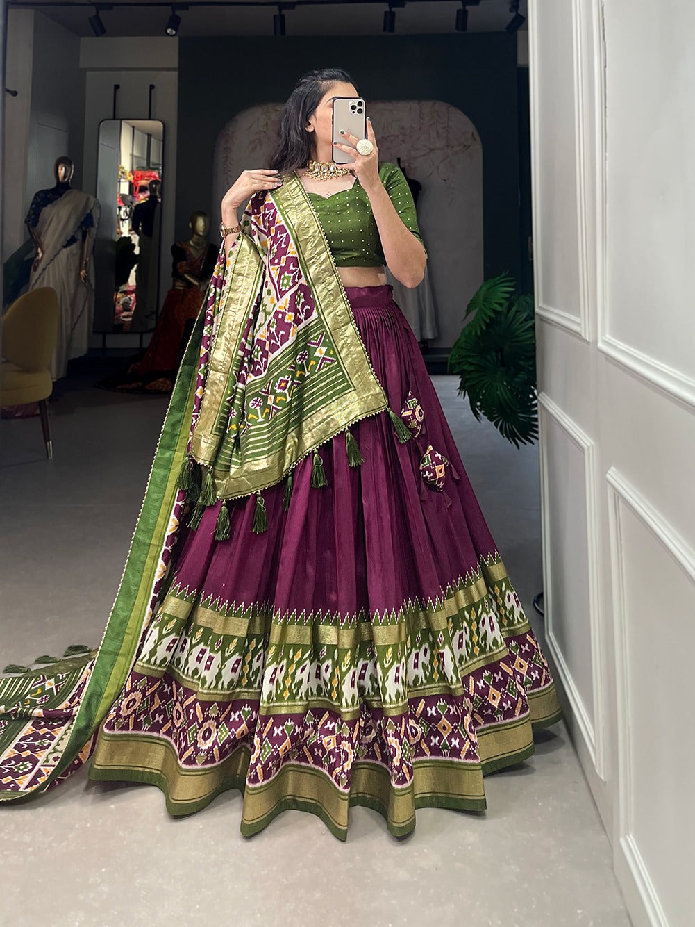 Tussar Silk Patola Print Foil Work Lehenga Choli With Dupatta